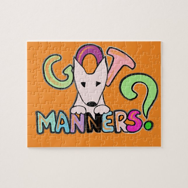 Puzzle ¿TIENEN MANNERS? Arte mascota del Bull Terrier ing (Horizontal)