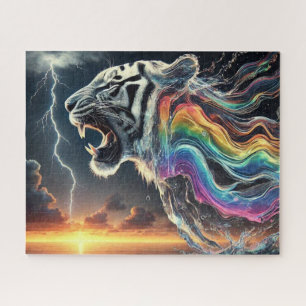 Puzzle Tigre blanco con agua en la neblina arcoiris