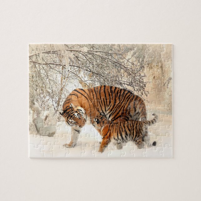 Puzzle Tigre con cachorro en la nieve (Horizontal)