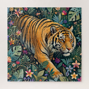 Puzzle Tigre con ojos ámbar, follaje de jungla fantástica