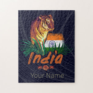 Puzzle Tigre de la India con bandera retro Lotus souvenir