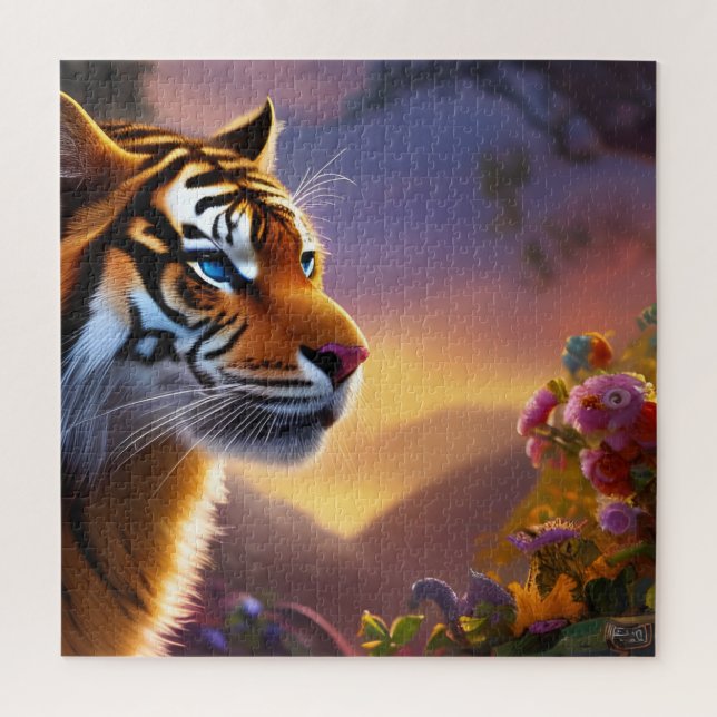 Puzzle Tigre de ojos azules y flores rosas (Vertical)