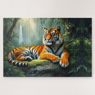 Puzzle Tigre descansando en la selva con cascada