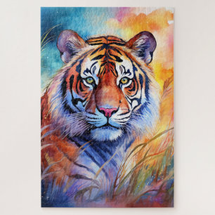 Puzzle Tigre en la hierba en acuarela