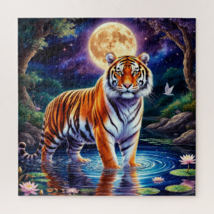 Puzzle Tigre majestuoso en un paisaje de fantasía ilumina