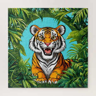 Puzzle Tigre majestuoso rugiendo en una selva vibrante