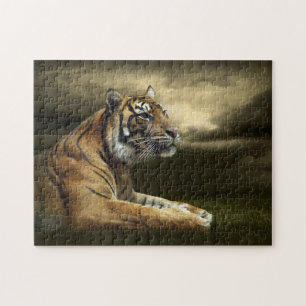 Puzzle Tigre que mira y que se sienta debajo del cielo