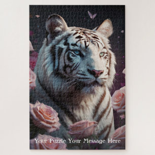 Puzzle Tigre sentado en un jardín de rosas rosadas