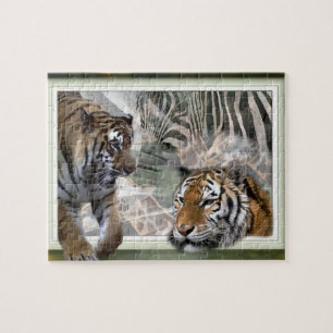 Puzzle Tigres, cebra, jirafa, jungla primitiva