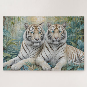 Puzzle Tigres dorados pálidos en una selva verde azul