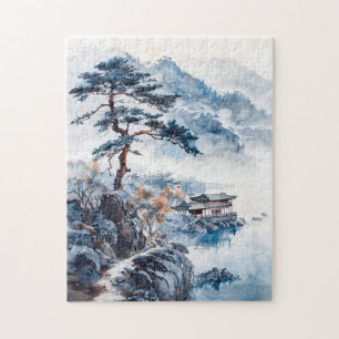 Puzzle Tinta acuarela de paisaje chino en un lago