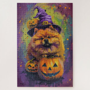 Puzzle Tocante Chow Chow Perro Halloween Bruja Y Calabaza