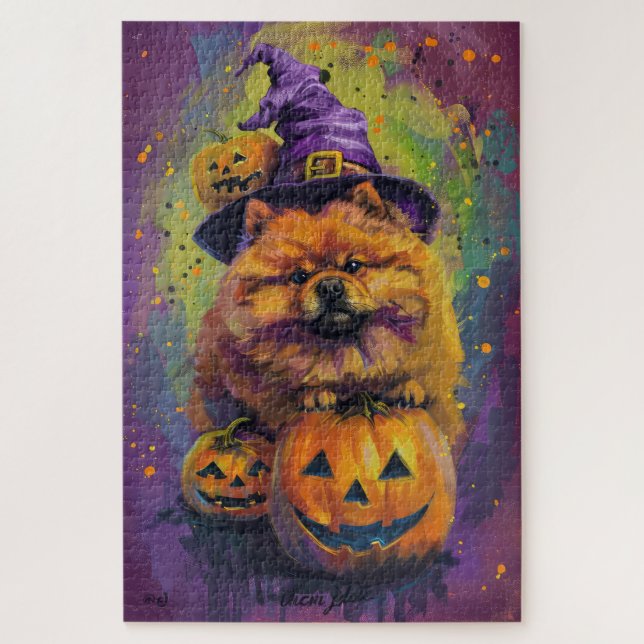 Puzzle Tocante Chow Chow Perro Halloween Bruja Y Calabaza (Vertical)