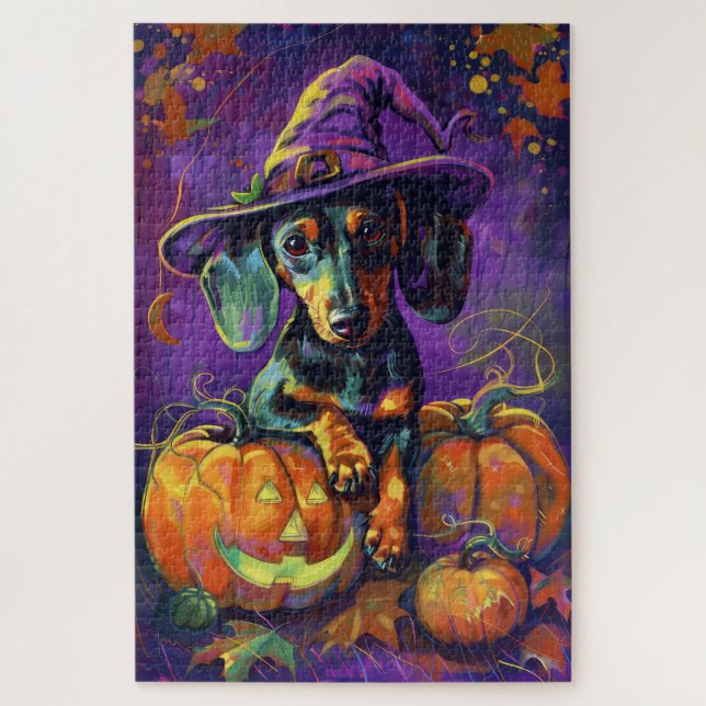 Puzzle Tocante Perro Dachshund Bruja Halloween Y Calabaza (Vertical)