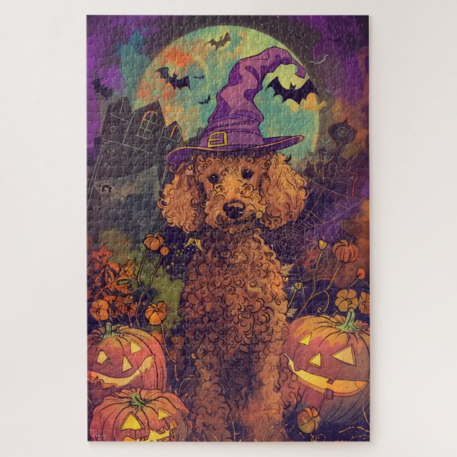 Puzzle Tocante Perro De Carne Halloween Bruja Y Calabaza (Vertical)
