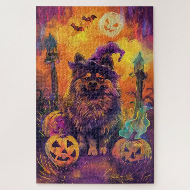 Puzzle Tocante Perro Keeshond Halloween Bruja Y Calabaza (Vertical)
