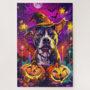 Puzzle Tocante Perro Pitbull Halloween Bruja Y Calabaza