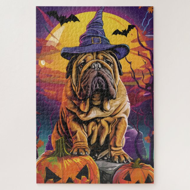Puzzle Tocante Shar Pei Perro Halloween Bruja Y Calabaza (Vertical)