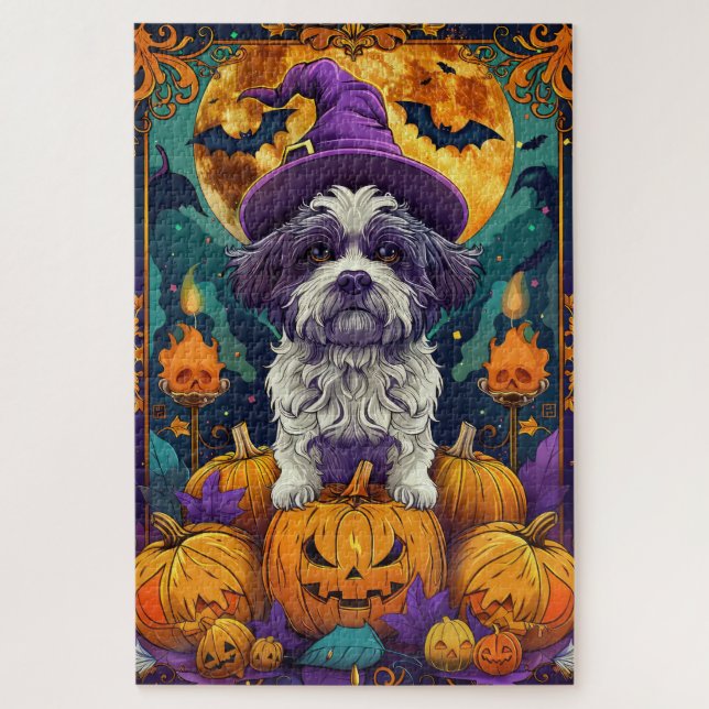 Puzzle Tocante Shih Tzu Perro Halloween Bruja Y Calabaza (Vertical)