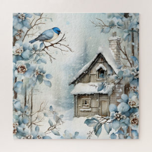 Puzzle Todo Blue Winter Scene Bird Old Cabin Blossoms
