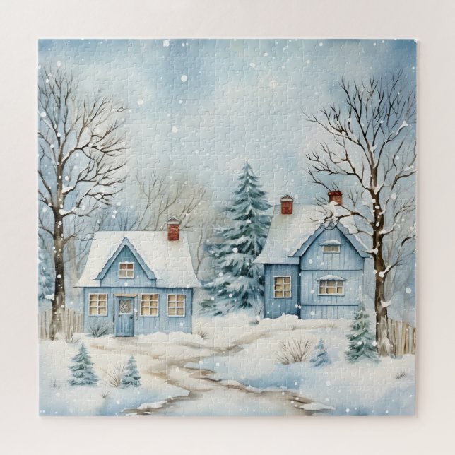 Puzzle Todo Blue Winter Scene Old Cabin Nostalgic (Horizontal)