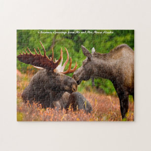 Puzzle Toro y vaca Moose Alaska. Saludos de Navidad