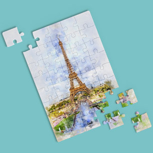 Puzzle Torre Eiffel Atardecer París Acuarela Francesa