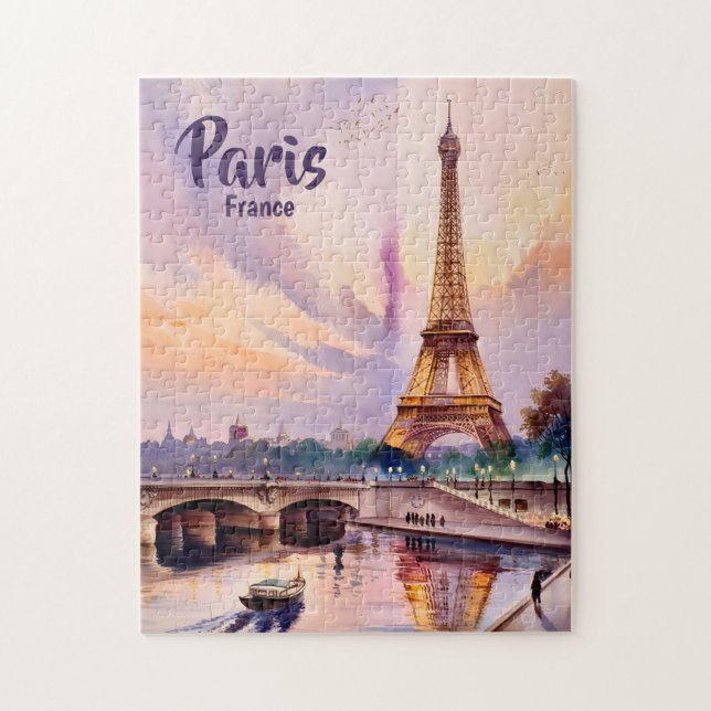 Puzzle Torre Eiffel puesta de sol acuarela personalizada  (Vertical)