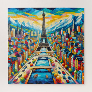 Puzzle Torre Eiffel y colorido cuadro de edificios