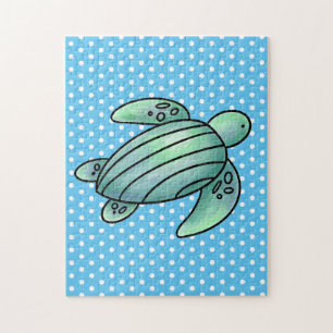 Puzzle tortuga marina pintada con acuarela azul verde de