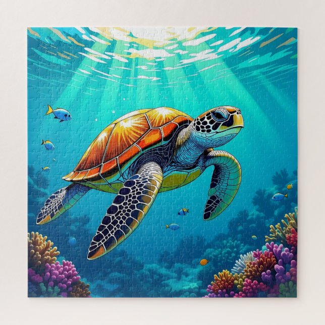 Puzzle Tortuga marina vibrante Ilustracion submarino (Vertical)