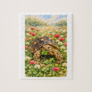 Puzzle Tortuga Sulcata acuarela con trébol de la suerte