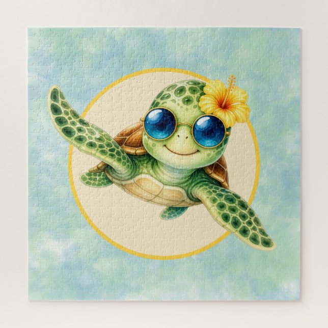 Puzzle Tortugas Bebés Adorables con Flores Tropicales (Vertical)