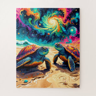Puzzle Tortugas marinas de colores bajo un cielo cósmico