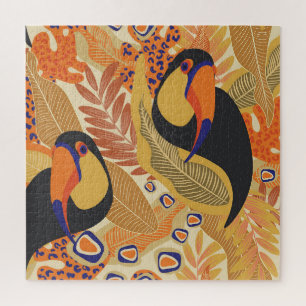 Puzzle Toucans en ramas, patrón tropical sin fisuras.