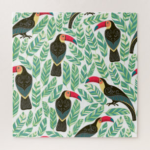 Puzzle Toucans, hojas tropicales, patrón decorativo.