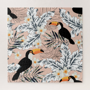 Puzzle Toucans, Palmas, Plumeria: Tropical Rosa.