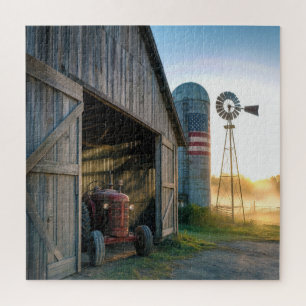 Puzzle Tractor antiguo con molino de viento y silo