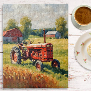 Puzzle Tractor Rojo Antiguo Granja Retro Campo Rústico