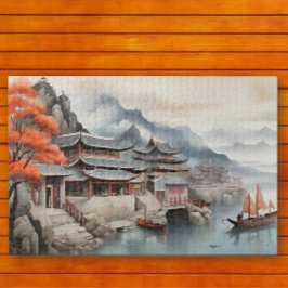 Puzzle Tranquila escena de pueblo pesquero oriental