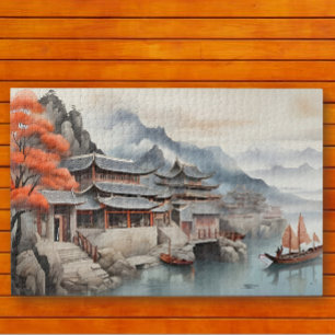 Puzzle Tranquila escena de pueblo pesquero oriental