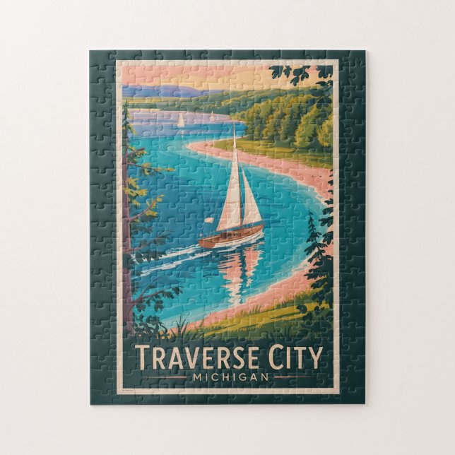 Puzzle Traverse City Michigan Ilustracion Viajes Arte (Vertical)