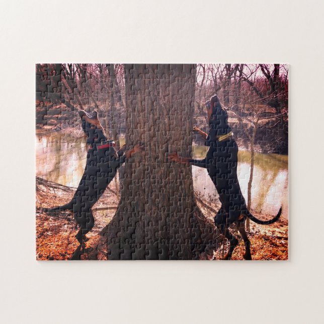 Puzzle Treeing Black & Tan Coonhounds On the River (Horizontal)