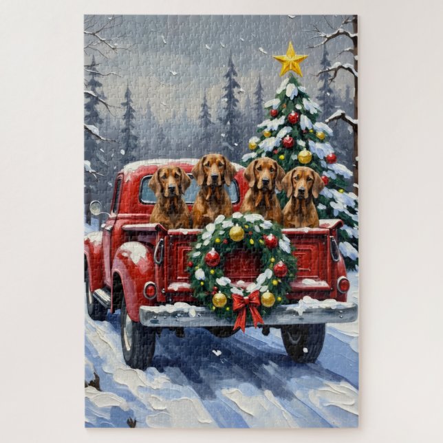 Puzzle Treeing Walker Coonhound Christmas Red Truck (Vertical)