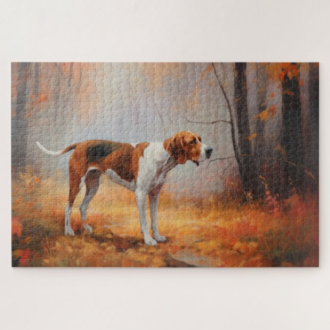 Puzzle Treeing Walker Coonhound in Autumt Leaves fall (Horizontal)