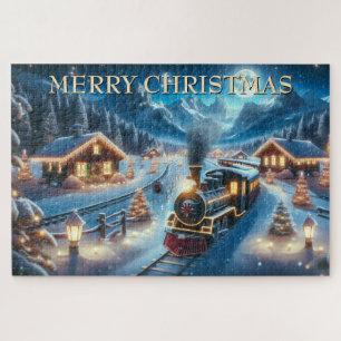 Puzzle Tren de Navidad a través de un pueblo nevado por l