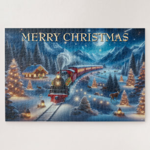 Puzzle tren de navidad,aldea nevada,reflejo del río,dic