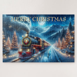 Puzzle Tren de Navidad con Corona y Pinos Nevados