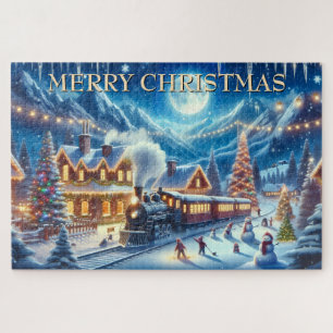 Puzzle Tren de Navidad en un pueblo nevado con niños