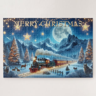Puzzle Tren de Navidad iluminado por la luna con animales